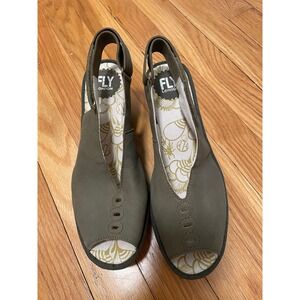 Fly London Yuna Olive Green Leather Wedge Slingback Peep Toe Sandals Size 38